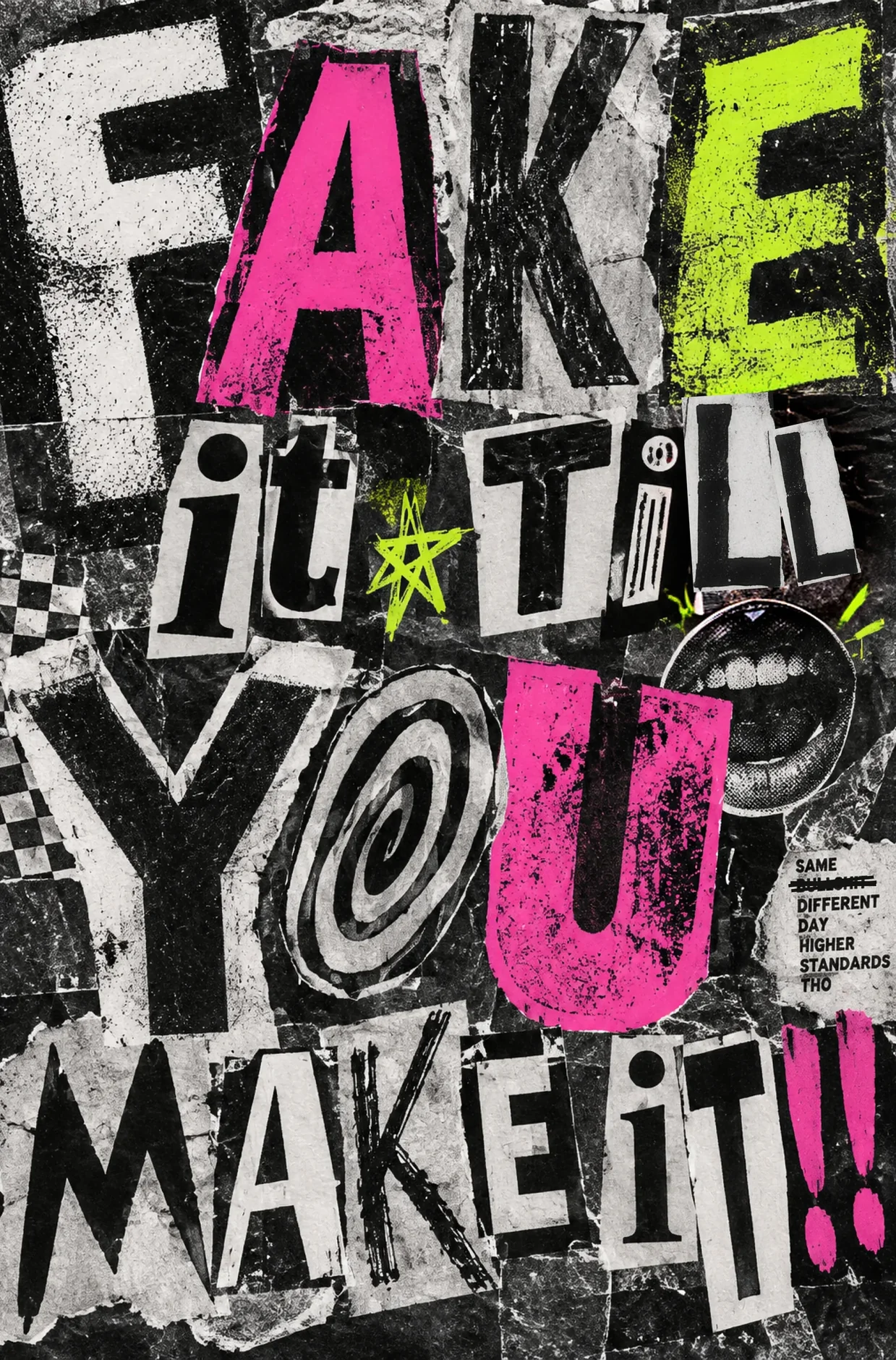 Black, pink and chartreuse collage poster reading Fake it till you make it.