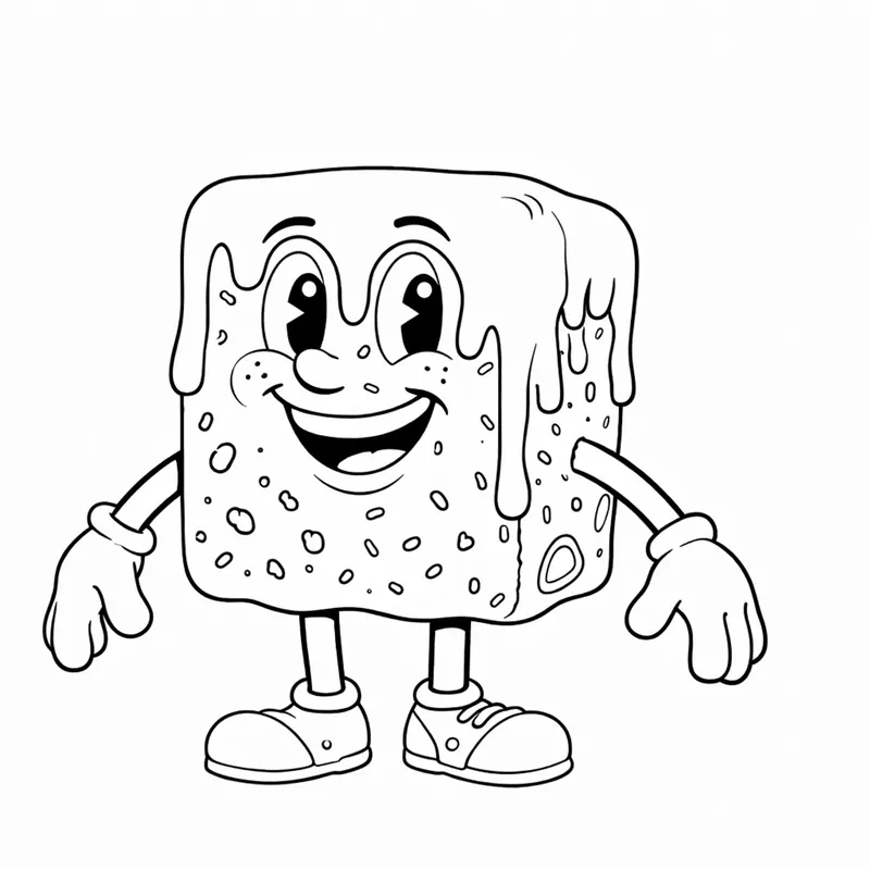 Coloring-page line drawing of Nova, a grinning square cake character with dripping icing on top, gloved hands and sneakers.