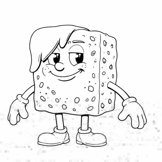 Black-and-white coloring-page line drawing of Noir Cocoa Crumble, a smiling square crumb-cake character with a swoop of hair, gloved hands and big shoes.