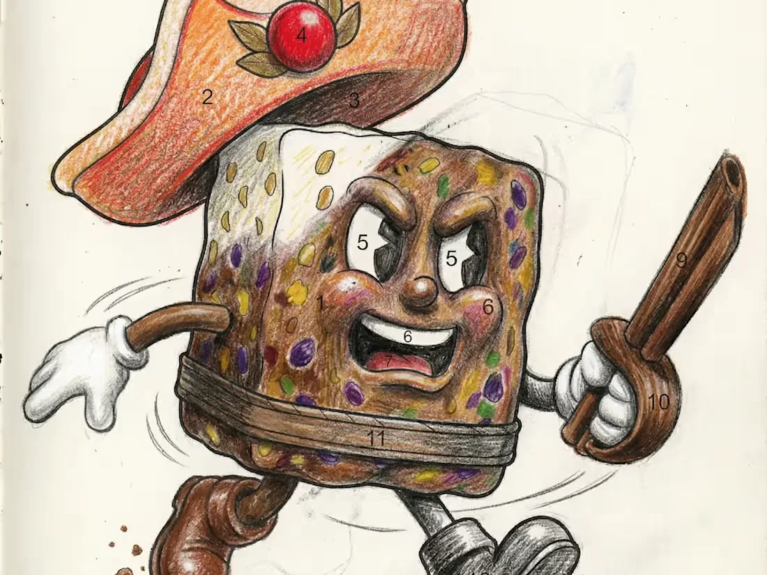 A colored-pencil drawing of Captain Rummy Nightwave, a scowling fruitcake character in a large orange hat, gripping a cinnamon-stick club, with numbered paint-by-number callouts on each color area.