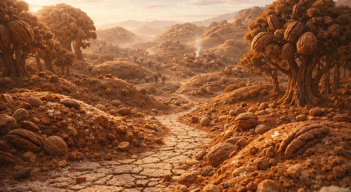 The Foragebound Clans: a cracked earthen road winding through mounds of nuts and gnarled trees under a hazy sky.