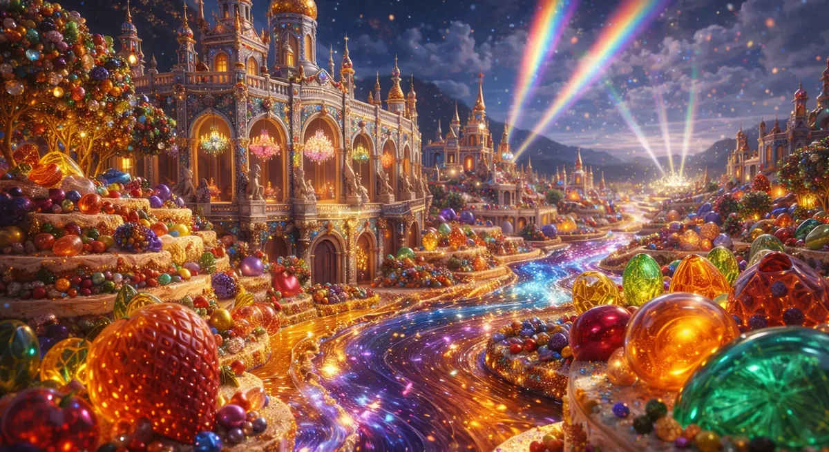 The Jeweled Court: an ornate palace above tiers of glossy candied fruit and giant gemstones, with rainbow light beams in the night sky.