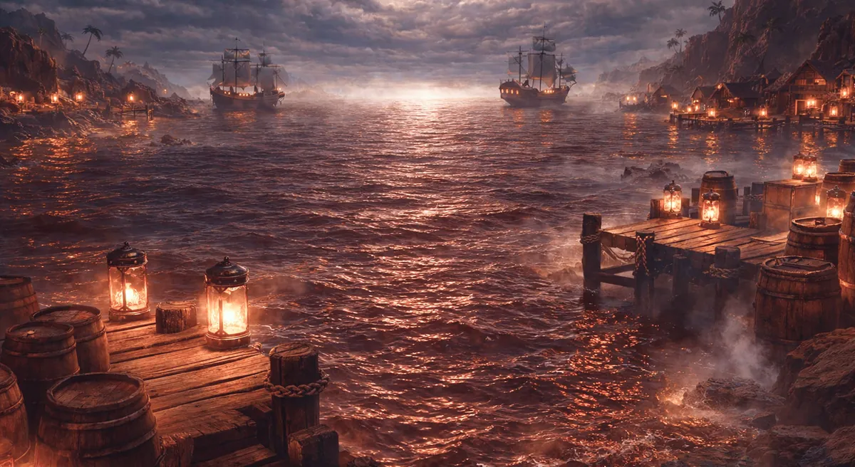 The Rum Navy coast at dusk: lantern-lit wooden docks and barrels on a glowing sea, with tall ships on the horizon.