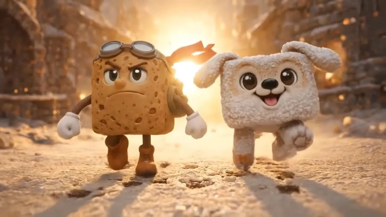 YouTube thumbnail for the Fructasia trailer: a loaf-shaped character in goggles and a red scarf walks beside a fluffy white, square, dog-like character down a snowy, sunlit street.