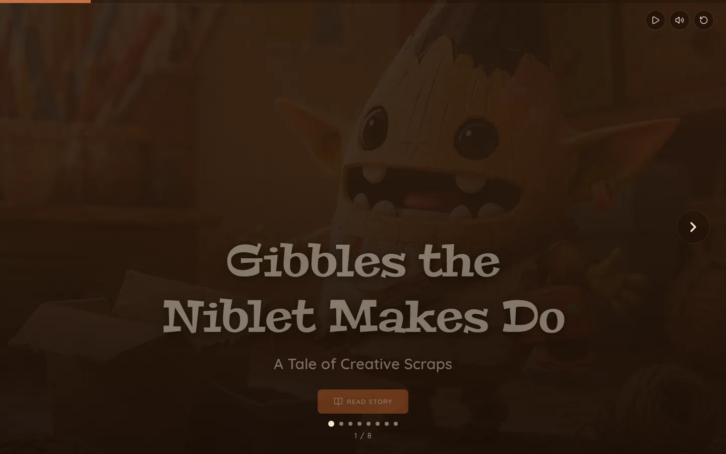 Storybook cover: "Gibbles the Niblet Makes Do — A Tale of Creative Scraps", with Gibbles grinning in a cluttered art studio, page 1 of 8.