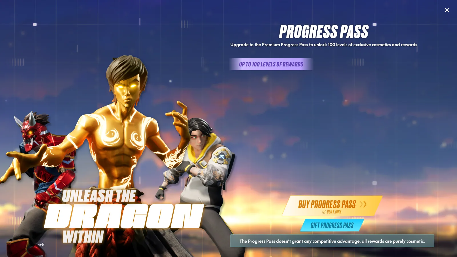 Premium Progress Pass upgrade screen: a glowing golden fighter, Unleash the Dragon Within lettering, Buy (950 K.OINS) and Gift buttons.
