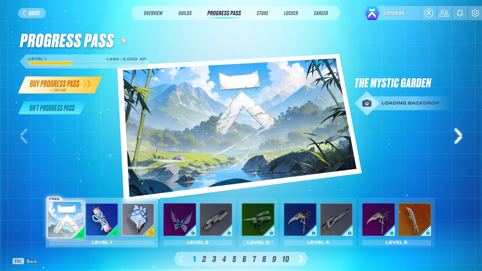 Progress Pass screen: Level 1 bar at 1,430 of 2,000 XP, Buy and Gift buttons, a preview of The Mystic Garden reward and a row of level rewards.