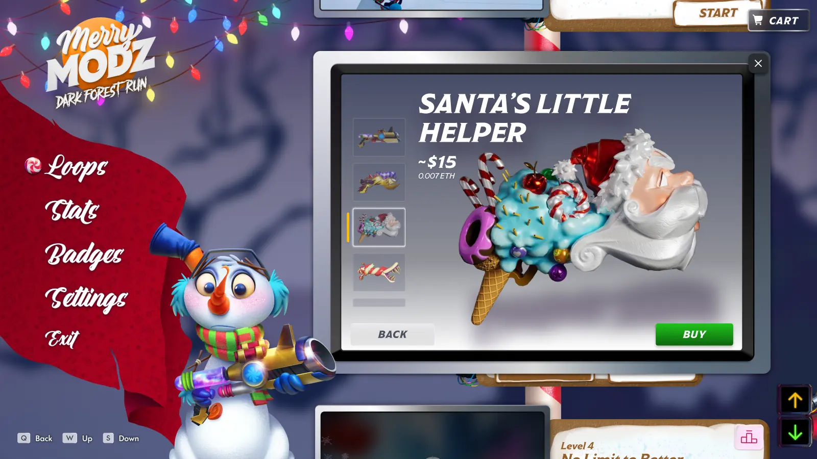 Blaster shop modal over the menu: a list of blasters on the left and Santa's Little Helper, an ice-cream-and-candy-cane blaster with a Santa head, priced "~$15" with 0.007 ETH underneath, and Back and Buy buttons.