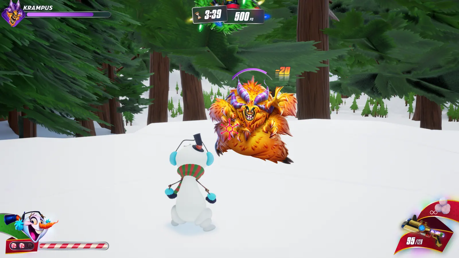 Dark Forest Run HUD: SnoBo faces Krampus in a snowy forest, with Krampus's health bar top left, a 3:39 timer and 500 points at top center, SnoBo's grinning portrait and a full candy-cane health bar bottom left, and the equipped blaster with 95 ammo bottom right.