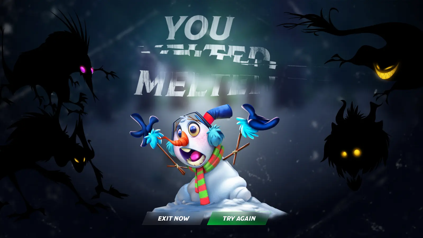 Dark Forest Run fail screen: a glitched You Melted title over a dark forest full of glowing eyes, a shocked, half-melted SnoBo, and Exit Now and Try Again buttons.